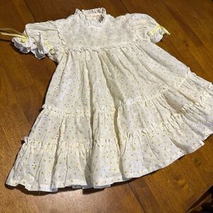 Vintage Handmade Baby Girls Cottage Yellow Floral Embroidered Eyelet Dress 12M